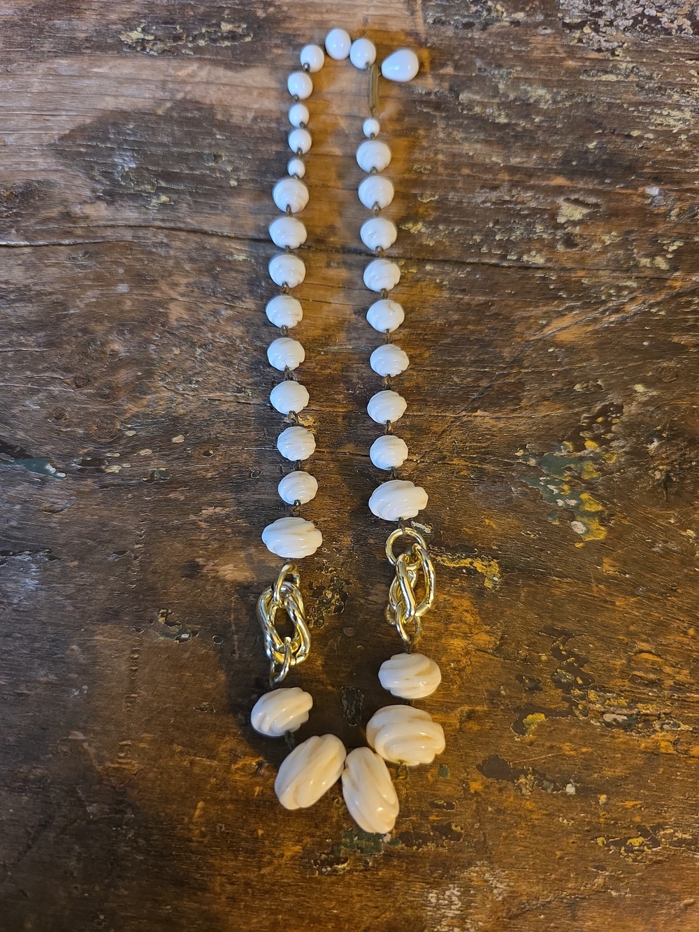 White Beaded Necklace with Gold Link Accents